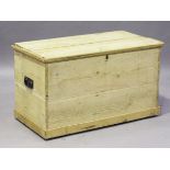 A 19th century pine trunk, fitted with a hinged lid, height 60cm, width 102cm, depth 53cm (faults).