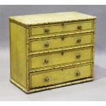 A Regency painted pine chest of four graduated long drawers with faux bamboo edging and black