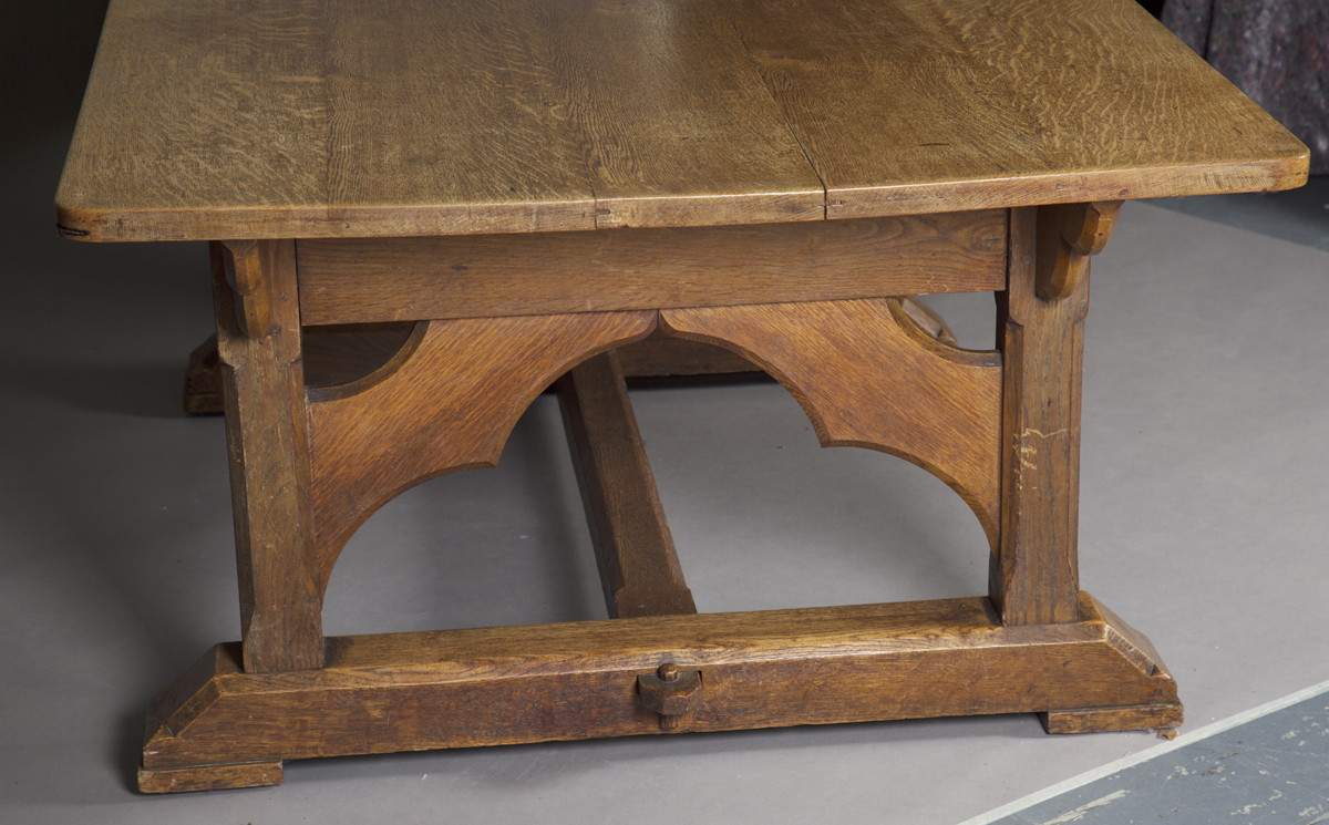 A large early 20th century Arts and Crafts oak refectory table, the rectangular top above eight - Image 4 of 4