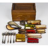 An early 20th century mahogany and inlaid smoker's box, width 20cm, a group of leather cased cheroot