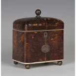 A Regency tortoiseshell and ivory banded tea caddy, the hinged lid and sides with metal stringing,