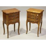 A pair of late 20th century French stained beech bedside chests of three drawers, height 68cm, width
