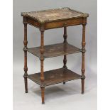 A late 19th century French burr wood and foliate inlaid three-tier étagère with overall applied gilt