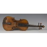 A violin with two-piece back, length of back excluding button 35.9cm, cased with two bows.Buyer’s