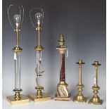 A pair of late 20th century gilt brass and glass columnar table lamps, height 55cm, together with an