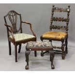 An 18th century walnut side chair with brown leather seat, height 105cm, width 50cm, together with a