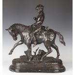 A modern brown patinated cast bronze equestrian figure group of an 18th century gentleman riding a
