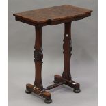 An early Victorian figured mahogany wine table, the shaped rectangular top on shaped twin