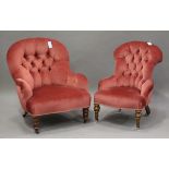 A late Victorian walnut tub back lady's salon armchair, upholstered in buttoned pink velour, on