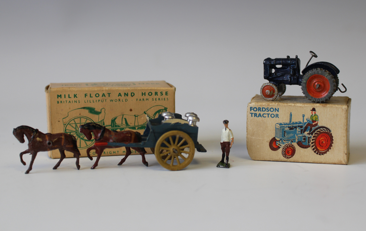 A Britains Lilliput World LV/604 Fordson tractor and an LV/605 milk float and horse, both boxed (