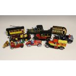 Ten modern tinplate clockwork vehicles, comprising a Gas-Oil tanker, a motorcycle and sidecar,