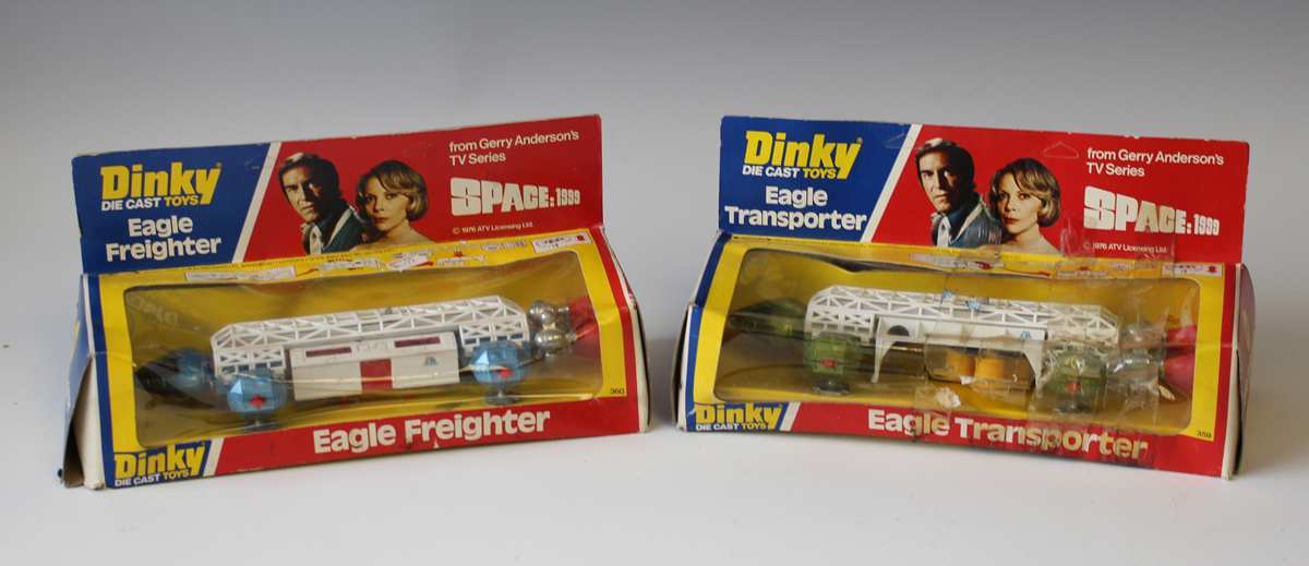 A Dinky Toys No. 359 Space 1999 Eagle Transporter and a No. 360 Eagle Freighter, both within