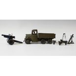 A Britains No. 1335 six wheel army lorry with driver, a No. 1638 sound locator and a field gun (some