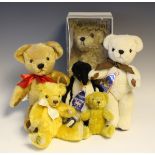 Five modern Merrythought teddy bears, comprising Rusty and Robin, boxed, Bear with Passport, White