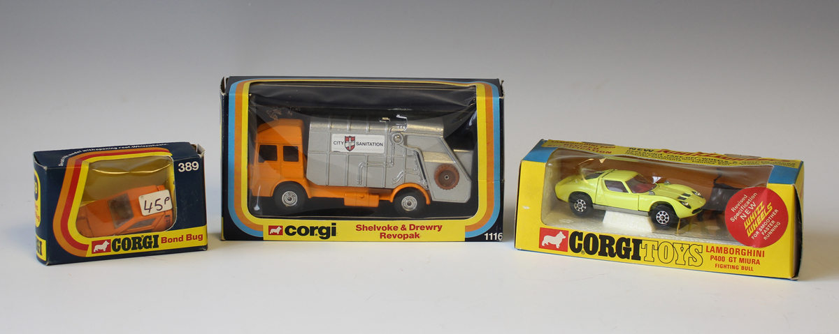 A Corgi Toys No. 342 Lamborghini P400 GT Miura, a Corgi No. 389 Bond Bug and a No. 1116 Shelvoke &