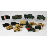 A collection of repainted Dinky Toys and Supertoys army and civilian vehicles, including a No.