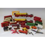 A collection of diecast vehicles, including five Dinky Toys double deck buses, two Corgi Major