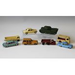 Seven Dinky Toys vehicles, including a No. 651 Centurion tank, a No.33w mechanical horse and trailer