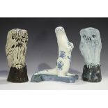 Three David Sharp Rye Pottery animals, comprising two large owls, heights 28.5cm and an otter with