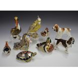 Seven Royal Crown Derby paperweights, comprising Citron Cockatoo, Coral Seahorse, Coal Tit, Brown