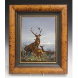 A rectangular porcelain plaque, painted with a family of deer, 20th century, impressed 'K319' to