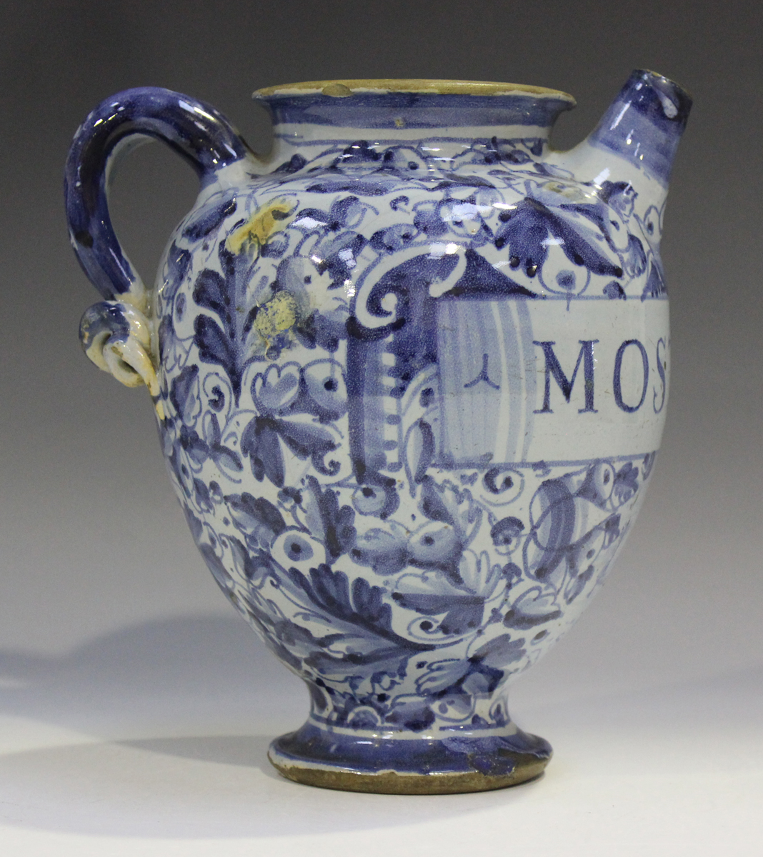 An Italian maiolica syrup or wet drug jar, probably Venetian, late 16th century, painted in dark - Image 7 of 8