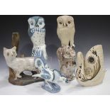 Five David Sharp Rye Pottery animals, comprising two large owls, a fox, a swan and a rooster,