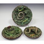 Three majolica Portuguese Palissy Ware dishes, late 19th century, each applied with various reptiles