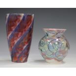 Two Julian Bellmont High Street Pottery vases, one decorated with purple and red lustres, height