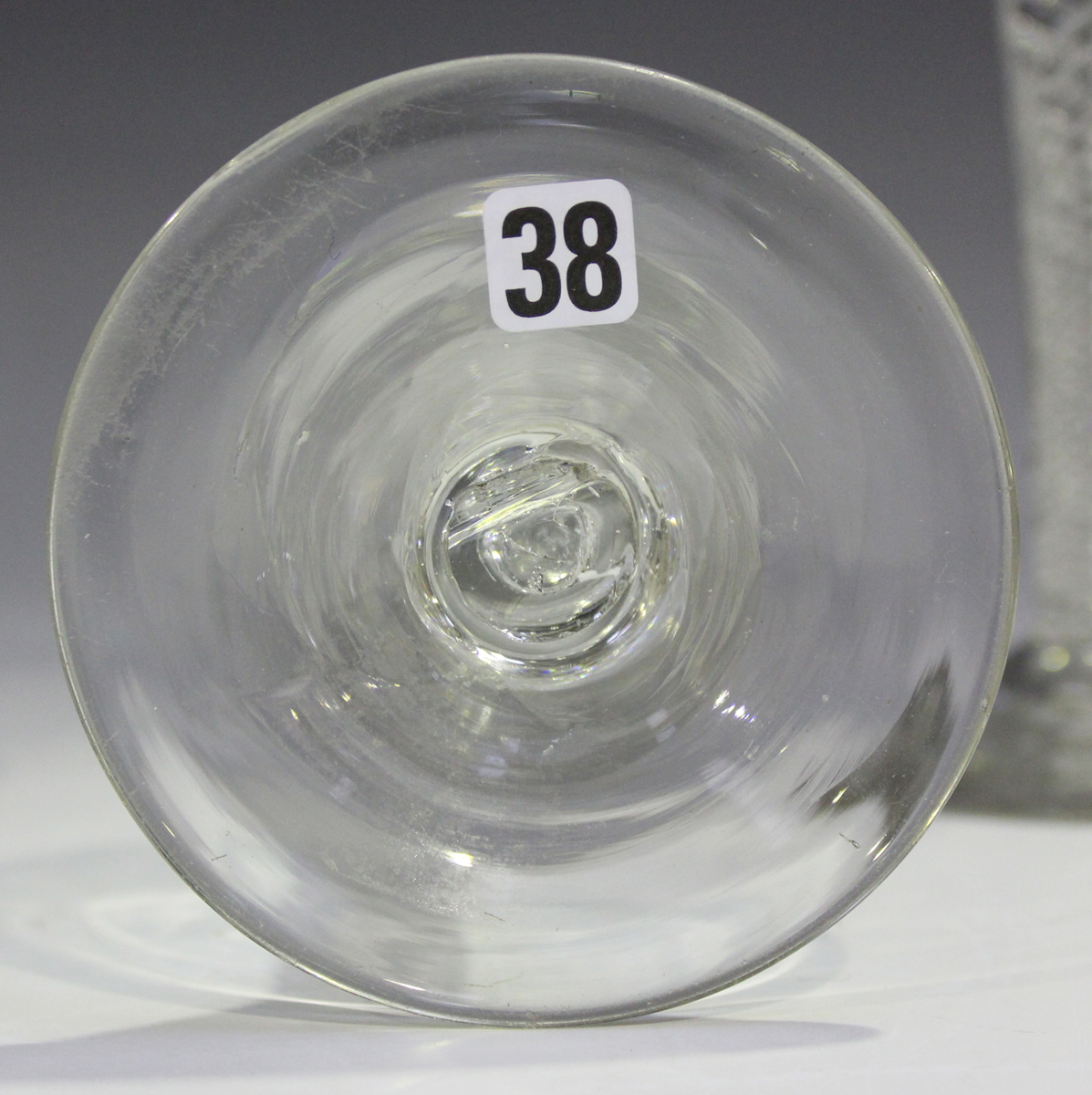 An airtwist stem wine glass, mid-18th century, the waisted bell shaped bowl raised on a plain - Image 3 of 3