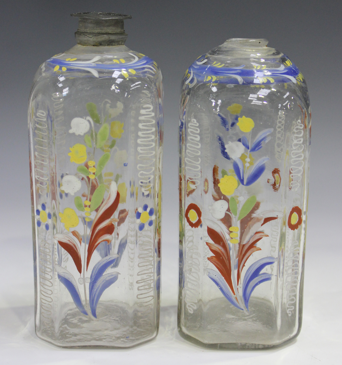 Two German enamelled glass schnapps or liqueur decanters, 18th century, one with original pewter - Image 4 of 6