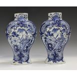 A pair of Johannes Van Duijn for De Porcelyene Schotel Dutch Delft vases, 18th century, of