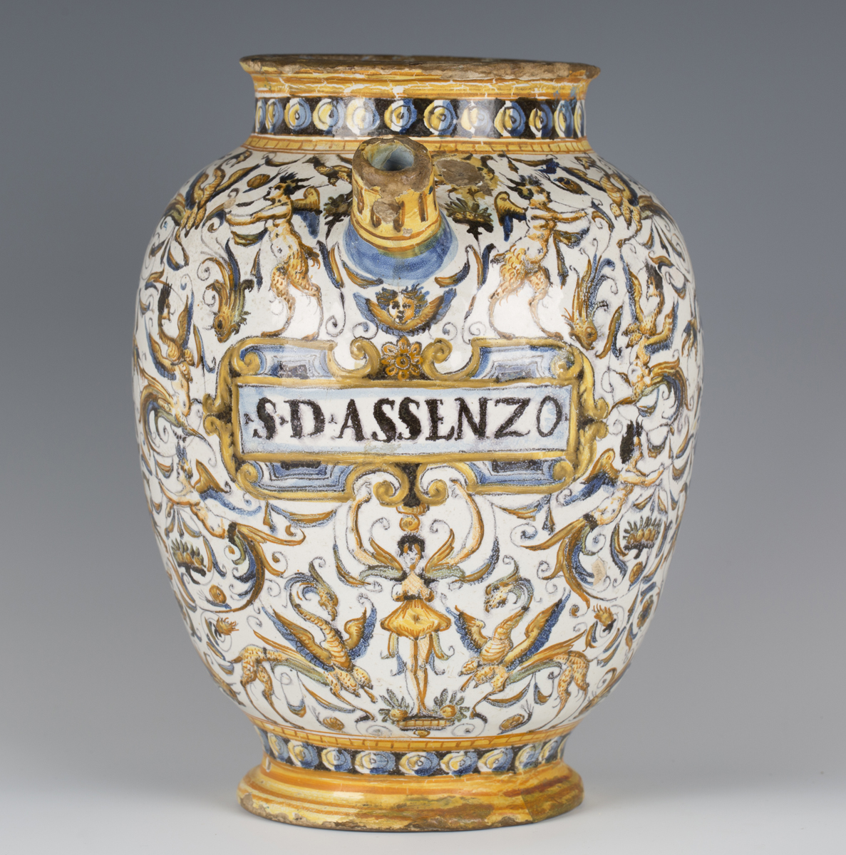 An Italian maiolica wet drug jar, probably Deruta, 17th century, the ovoid body painted to the front - Image 9 of 9