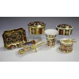 Four Royal Crown Derby 1128 Imari pattern wares, comprising a circular box and cover, boxed, an oval