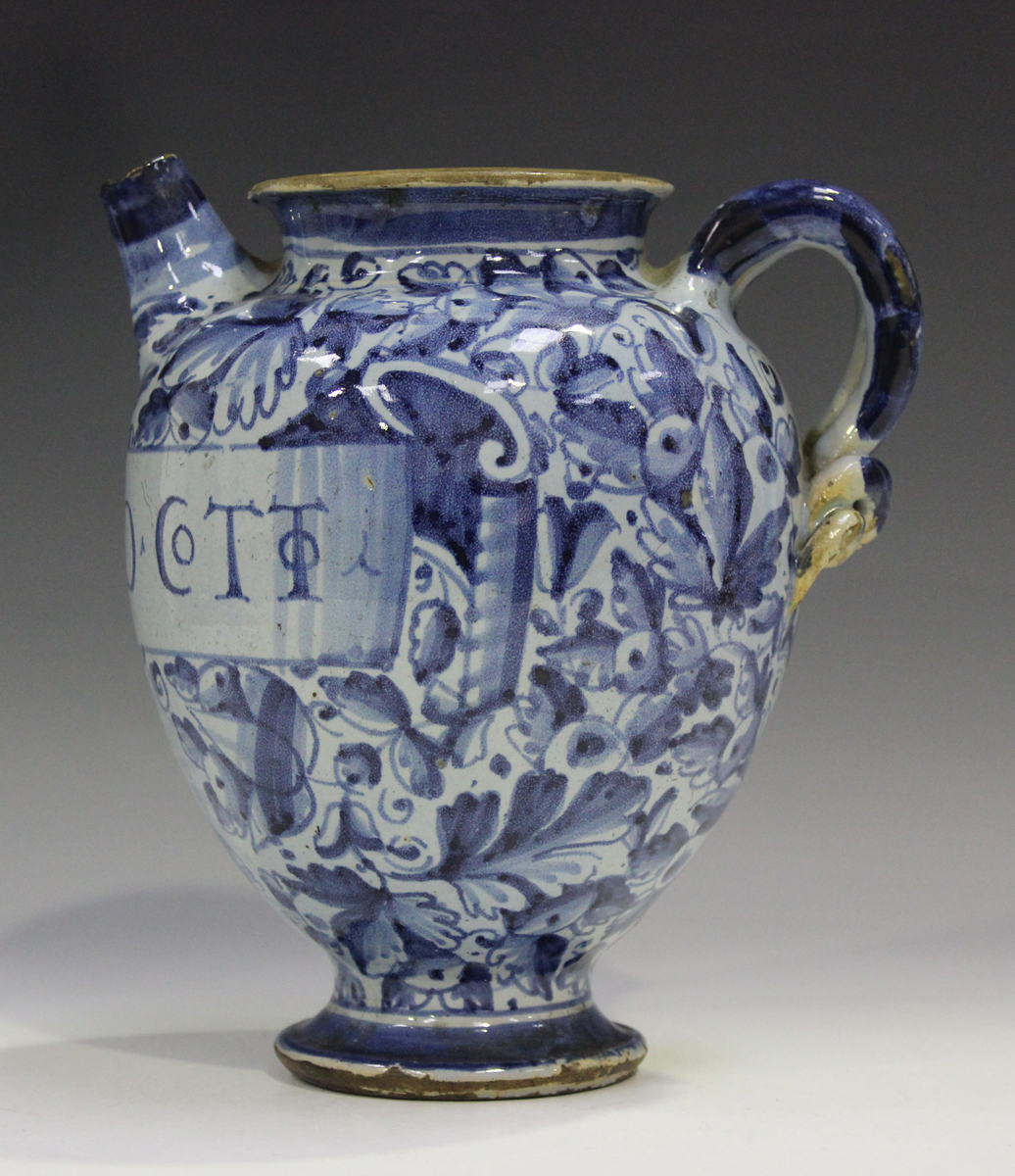 An Italian maiolica syrup or wet drug jar, probably Venetian, late 16th century, painted in dark - Image 5 of 8