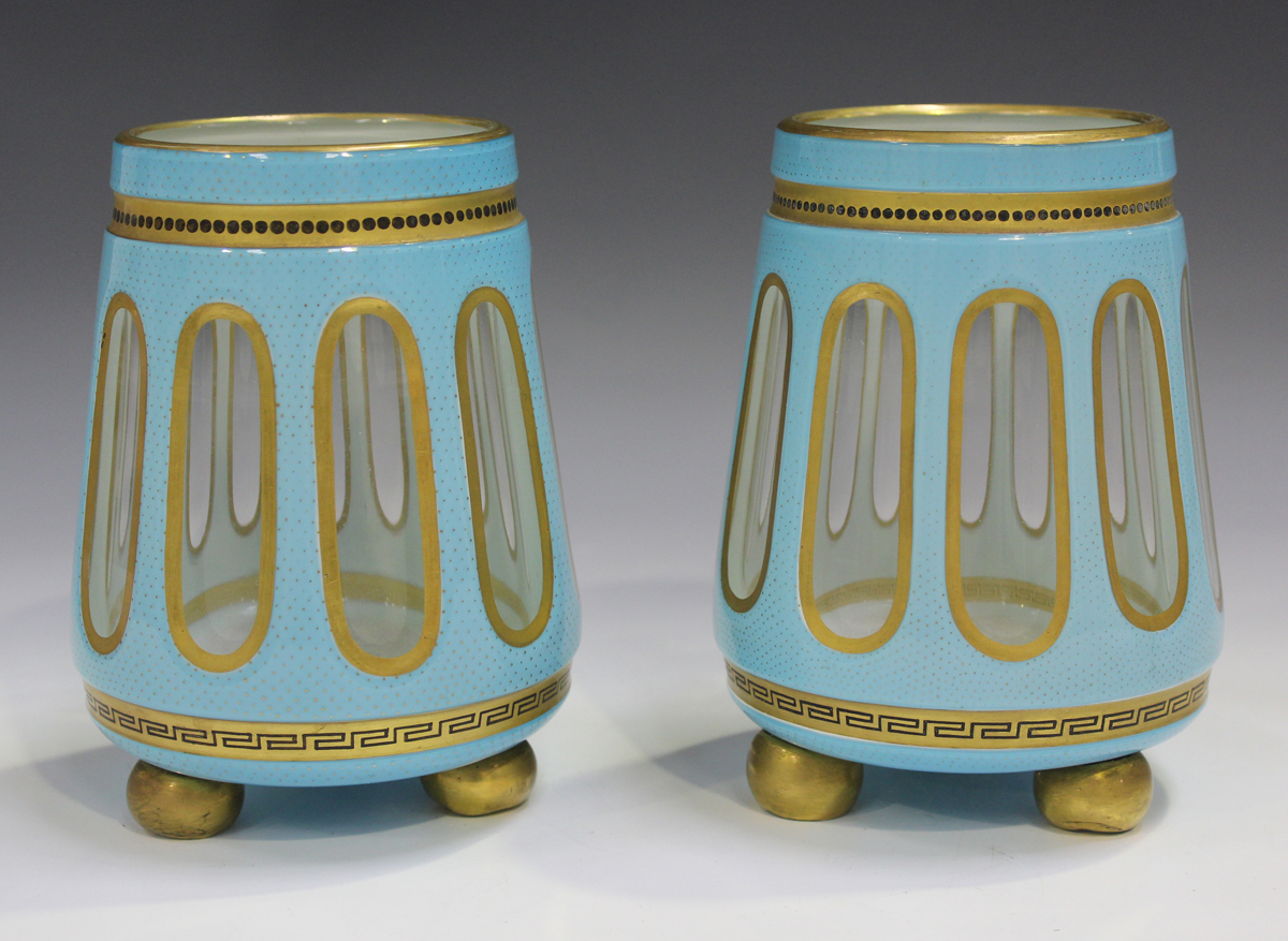 A pair of Continental white and pale blue overlaid glass vases, late 19th century, each of tapered - Image 4 of 4