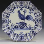 A French faience commemorative plate, 19th century, of octagonal shape, painted in blue with a