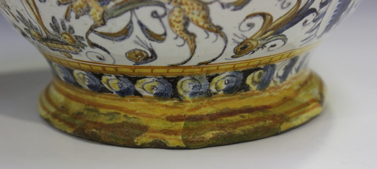 An Italian maiolica wet drug jar, probably Deruta, 17th century, the ovoid body painted to the front - Image 3 of 9