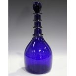 A 'Bristol' blue glass decanter and stopper, late 18th century, of Prussian shape with triple ringed