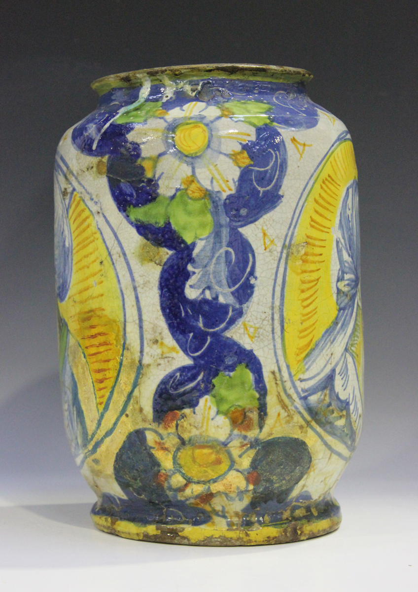 An Italian maiolica cylindrical storage or drug jar, Calabrian, 17th century, painted in the - Image 8 of 8