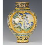 An Italian Sicilian maiolica oviform jar, probably Palermo, 17th century, polychrome painted with