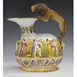 A Capodimonte porcelain askos style jug, late 19th/early 20th century, the body decorated in high