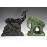 Two Art Deco style pottery animal models, probably French, 20th century, the first a green glazed