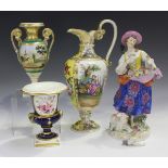 A Dresden porcelain ewer, circa 1900, painted with figural and foliate panels against a yellow