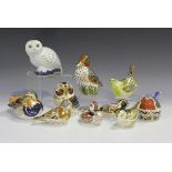 Ten Royal Crown Derby paperweights, comprising Snowy Owl, Green Winged Teal, Tawny Owl, Linnet,