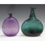 A Persian green glass saddle flask, 18th/19th century, of flattened form, the narrow neck with