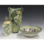 An Adrian Brough studio pottery two handled vase, dated 2003, decorated with a fish, painted