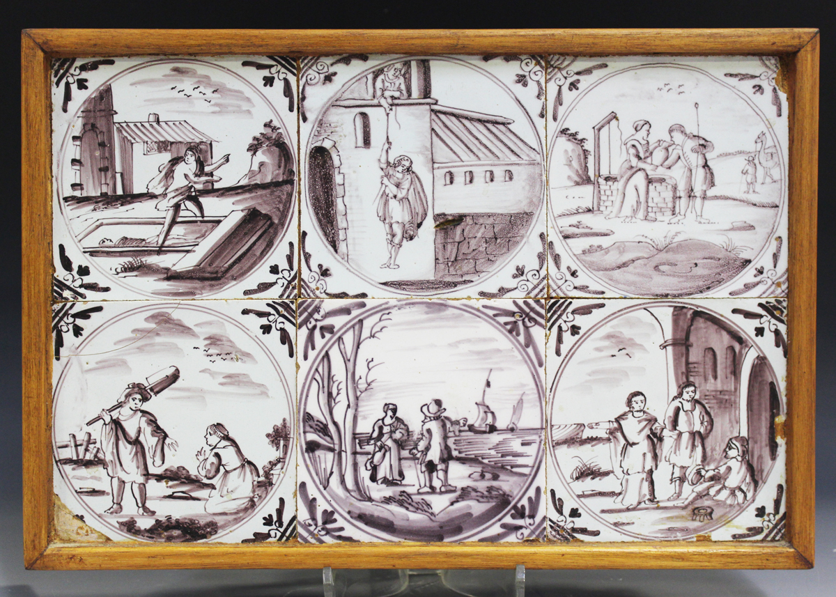 A group of six English Delft tiles, London, 1760-80, each painted in manganese with a biblical scene