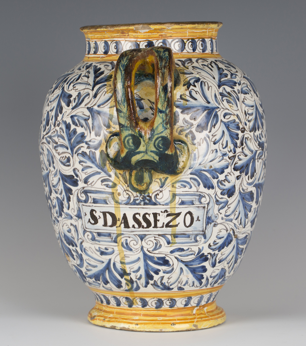 An Italian maiolica wet drug jar, probably Deruta, 17th century, the ovoid body painted to the front - Image 7 of 9