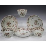 Three New Hall porcelain teabowls and saucers, circa 1790, decorated in pattern No. 195 with